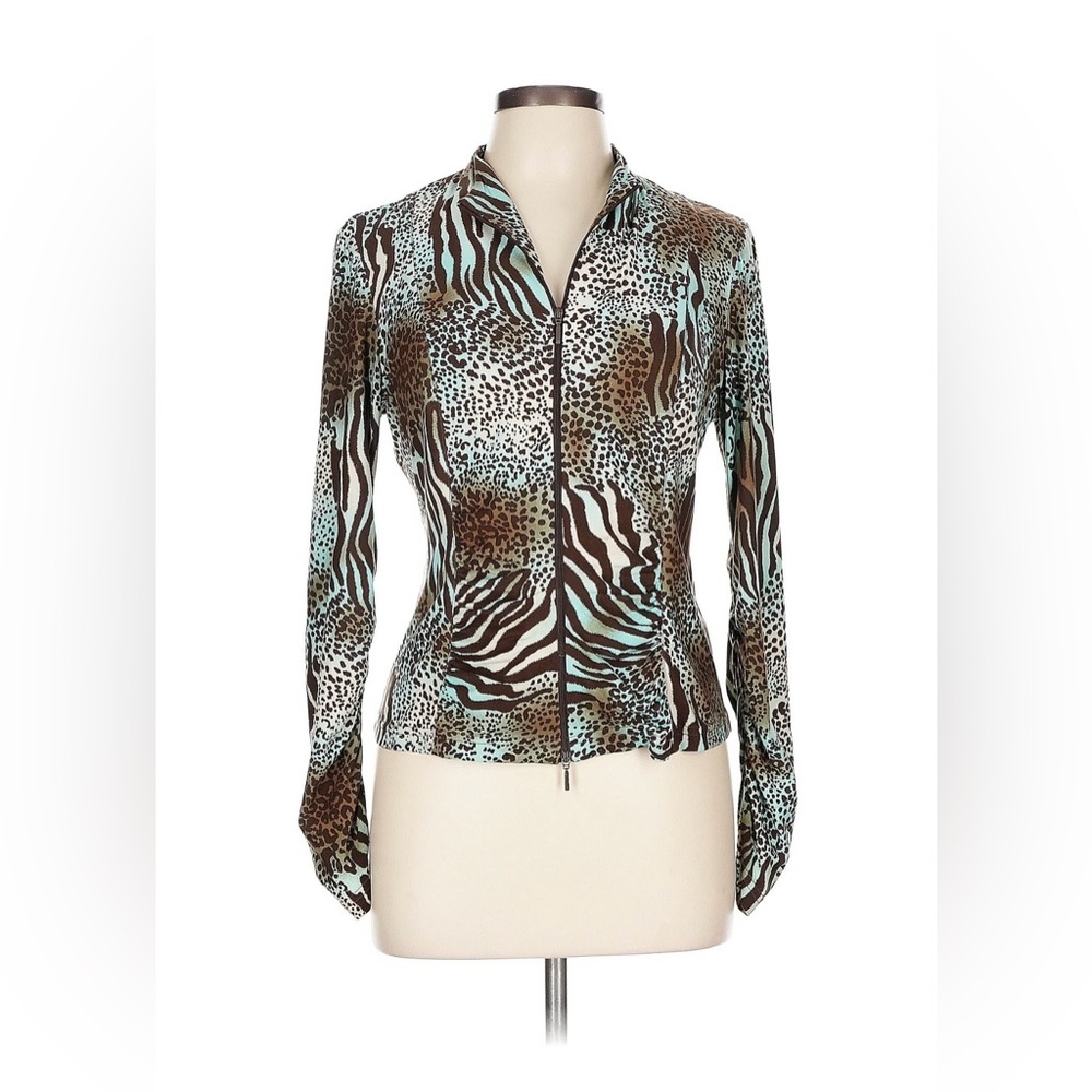 Joseph Ribkoff Brown Light Blue Animal print zebra leopard Zip-Up jacket sz 10